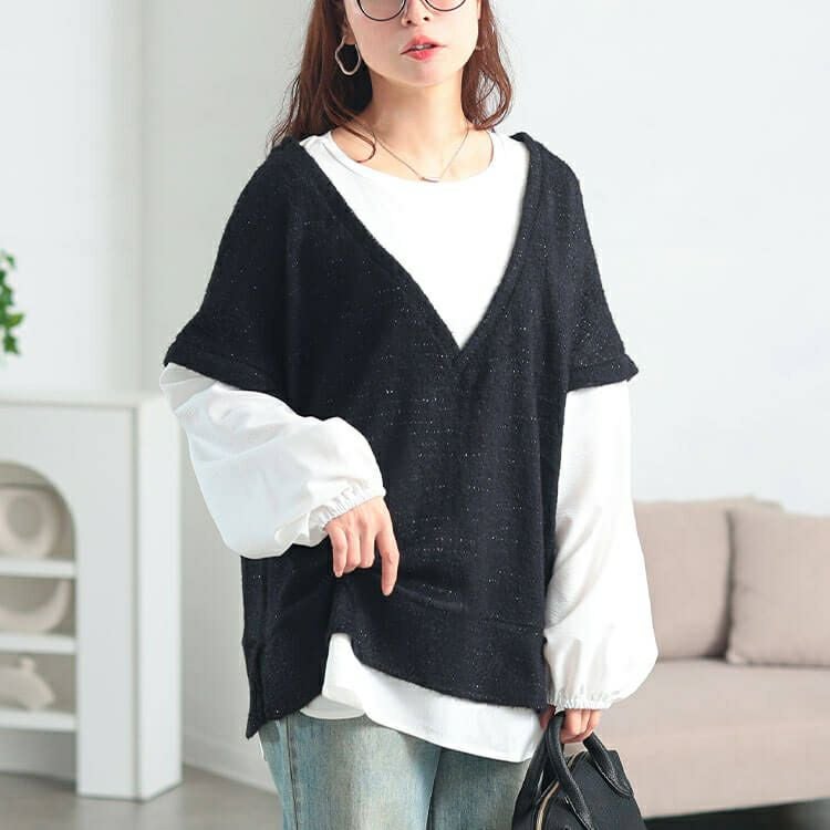 大きいサイズ レディース ラメシャギーベスト重ね着風プルオーバー　maru-30200