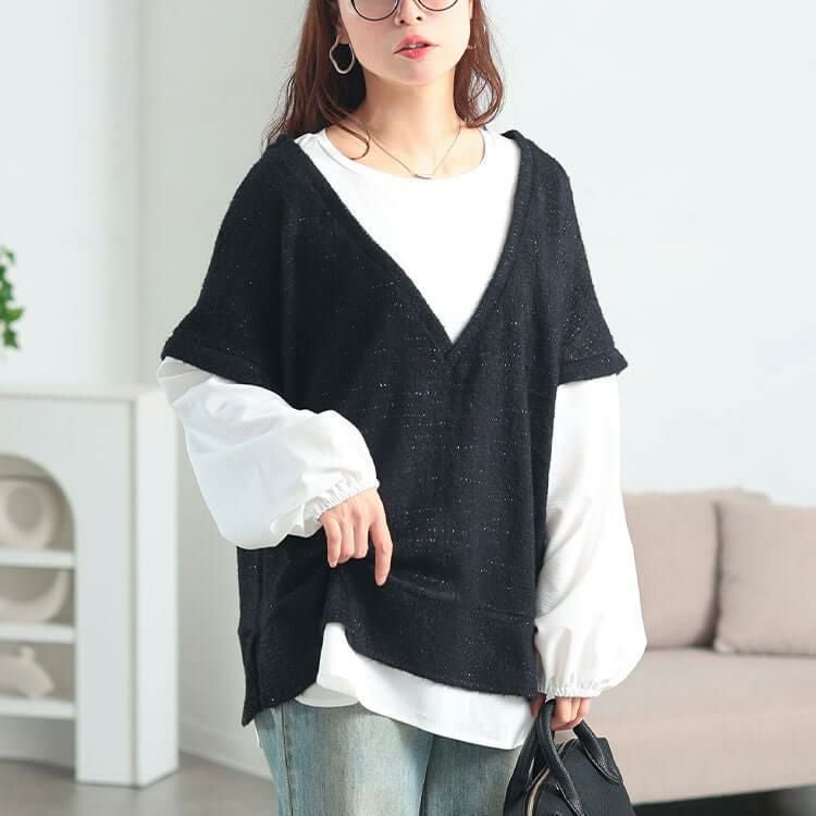 大きいサイズ レディース ラメシャギーベスト重ね着風プルオーバー　maru-30200 ブラック