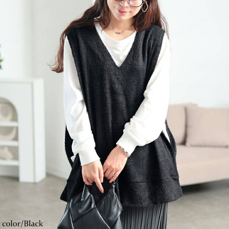 大きいサイズ レディース ラメシャギーニットオーバーベスト　maru-30194