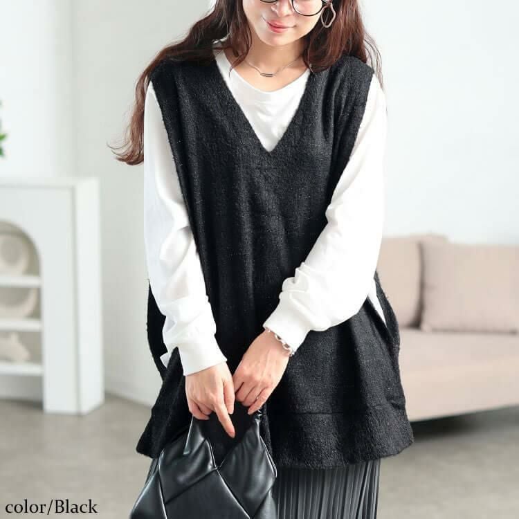 大きいサイズ レディース ラメシャギーニットオーバーベスト　maru-30194 ブラック