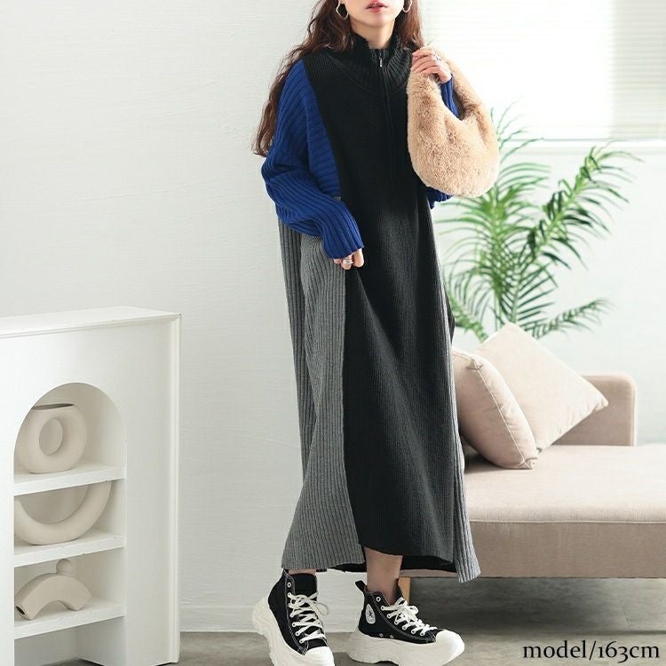 大きいサイズ レディース ハーフZIP配色切り替えニットワンピース　bro-0083