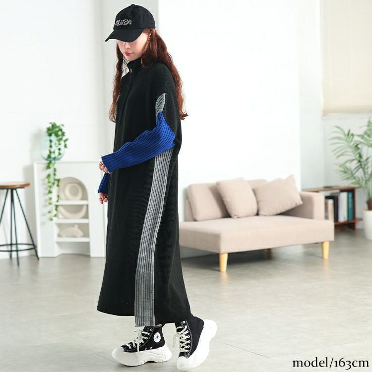 大きいサイズ レディース ハーフZIP配色切り替えニットワンピース　bro-0083