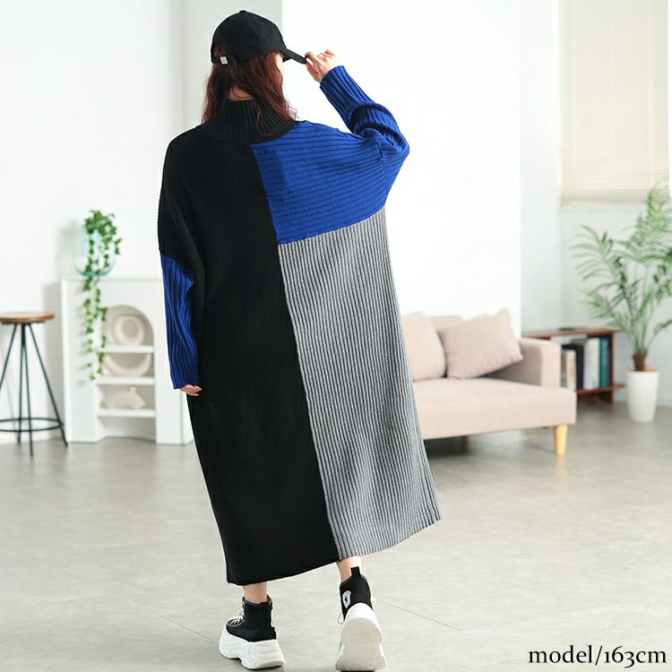 大きいサイズ レディース ハーフZIP配色切り替えニットワンピース　bro-0083