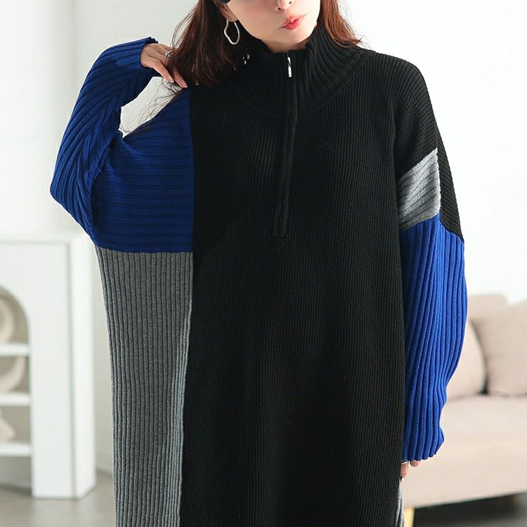 大きいサイズ レディース ハーフZIP配色切り替えニットワンピース　bro-0083