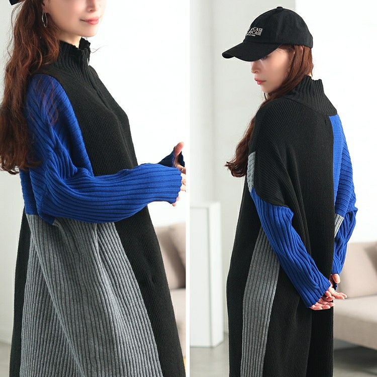 大きいサイズ レディース ハーフZIP配色切り替えニットワンピース　bro-0083