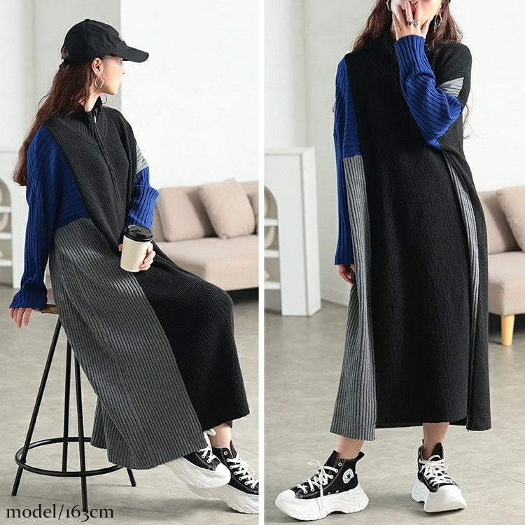 大きいサイズ レディース ハーフZIP配色切り替えニットワンピース　bro-0083