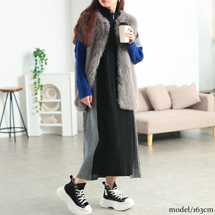 大きいサイズ レディース ハーフZIP配色切り替えニットワンピース　bro-0083