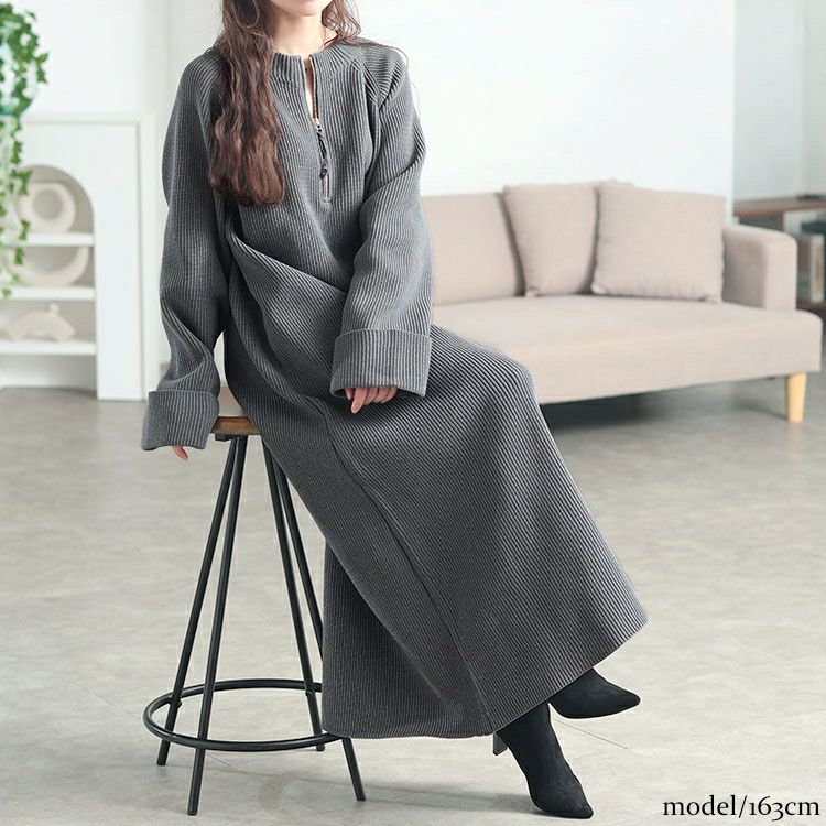 大きいサイズ レディース ハーフZIP畦編みニットワンピース　bro-0082