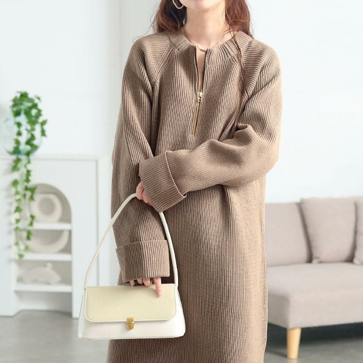 大きいサイズ レディース ハーフZIP畦編みニットワンピース　bro-0082 モカ