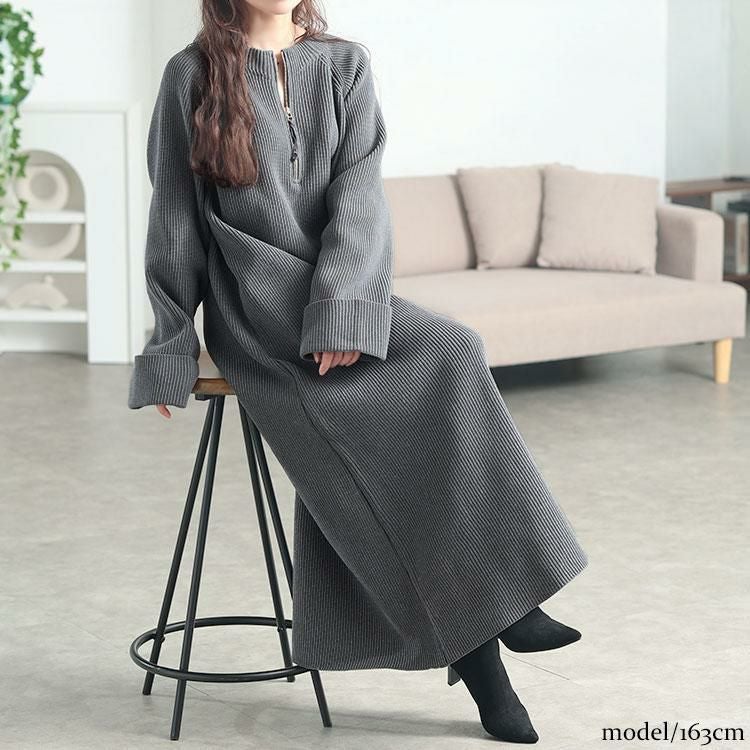 大きいサイズ レディース ハーフZIP畦編みニットワンピース　bro-0082 チャコール