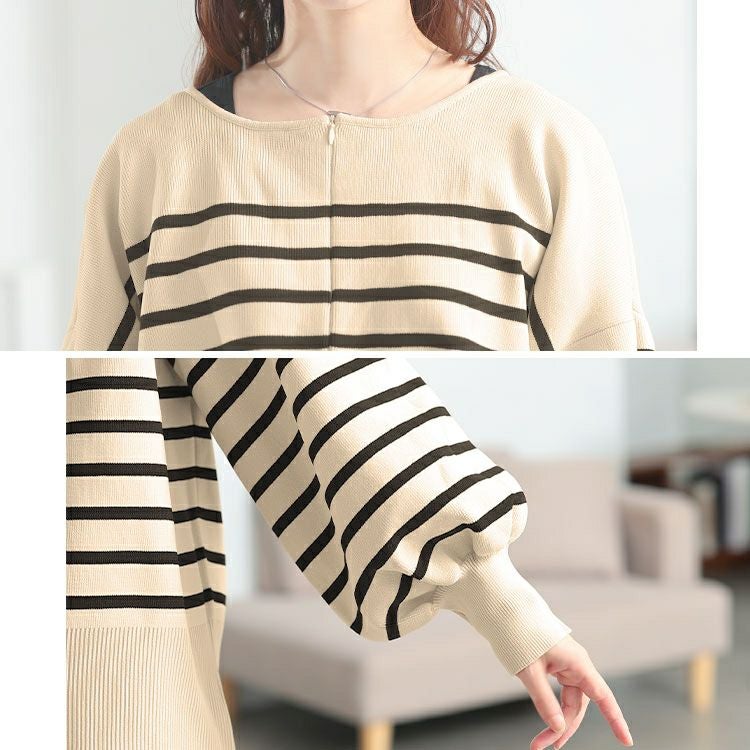 大きいサイズ レディース 2wayハーフZIPパネルボーダーニット　bro-0081