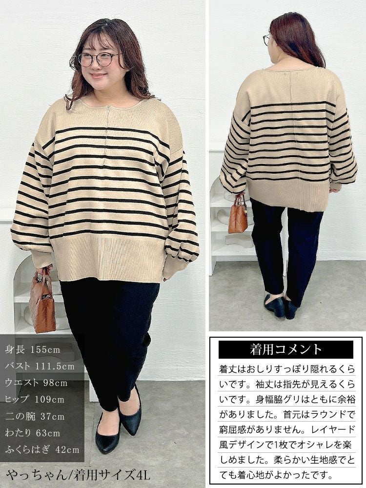 大きいサイズ レディース 2wayハーフZIPパネルボーダーニット　bro-0081