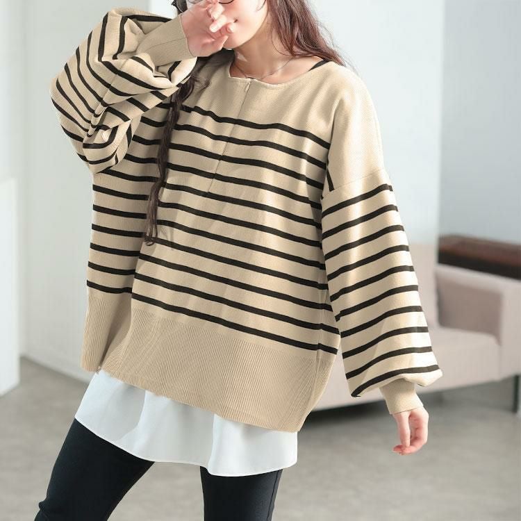 大きいサイズ レディース 2wayハーフZIPパネルボーダーニット　bro-0081 オフ×ブラック