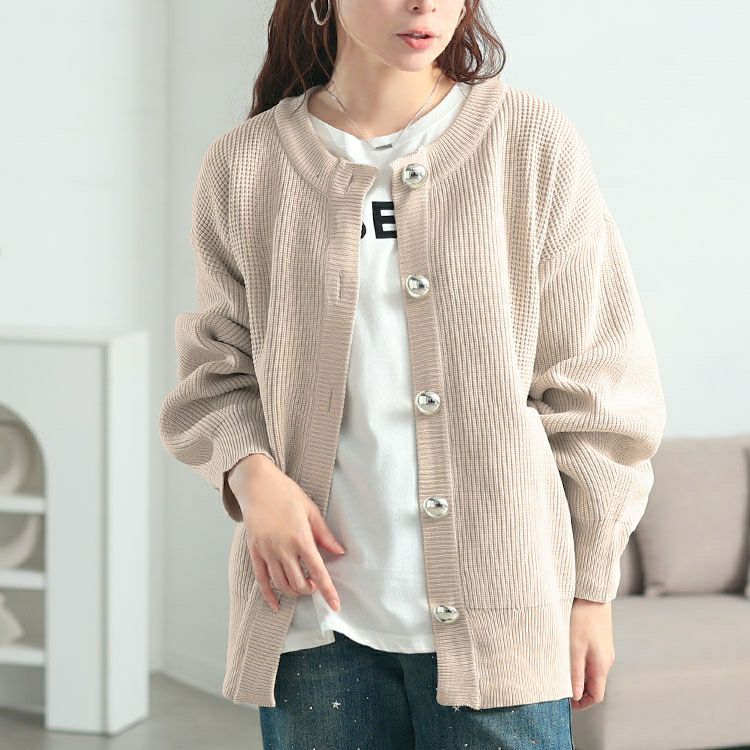 大きいサイズ レディース ビッグボタン畦編みニットカーディガン　bro-0080
