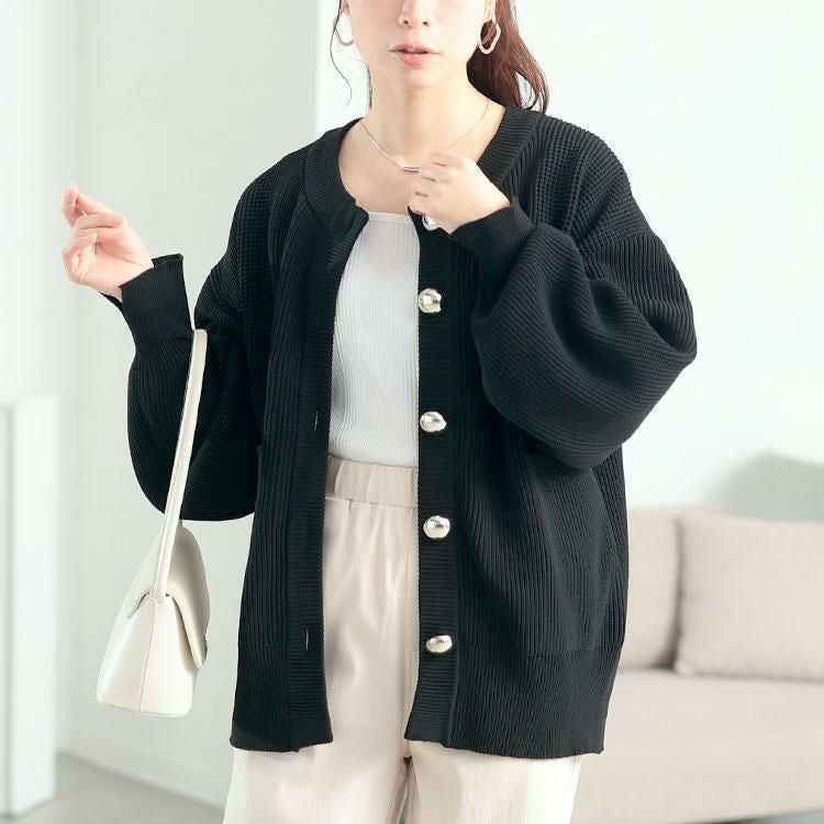 大きいサイズ レディース ビッグボタン畦編みニットカーディガン　bro-0080 ブラック
