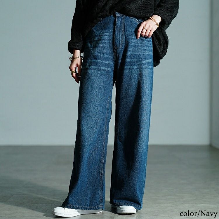 大きいサイズ レディース ヴィンテージ加工コットンデニムワイドパンツ　wd-0426