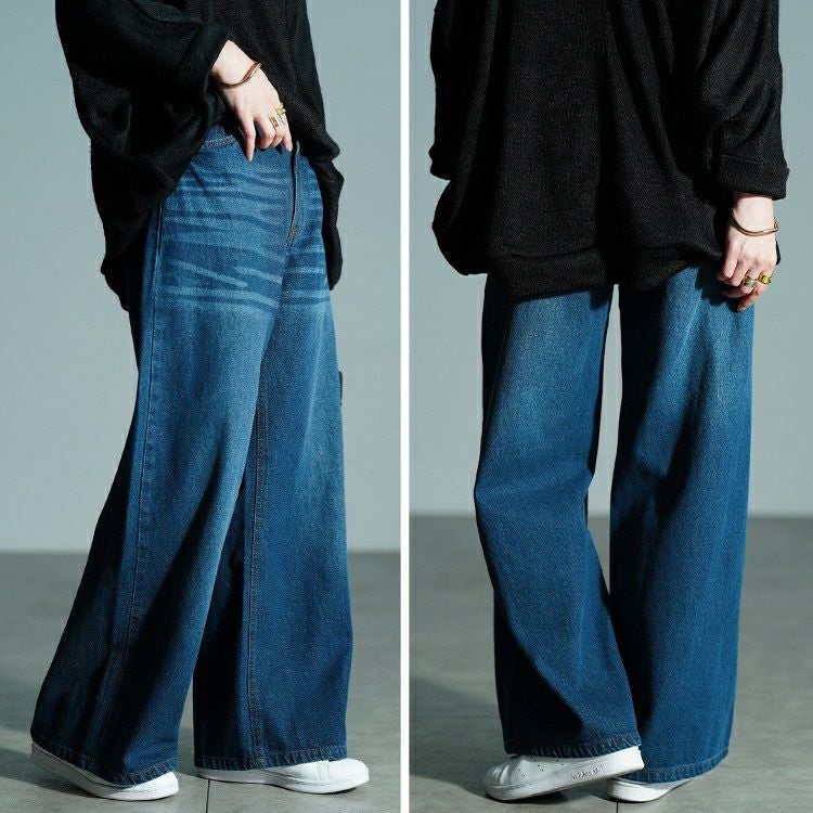 大きいサイズ レディース ヴィンテージ加工コットンデニムワイドパンツ　wd-0426