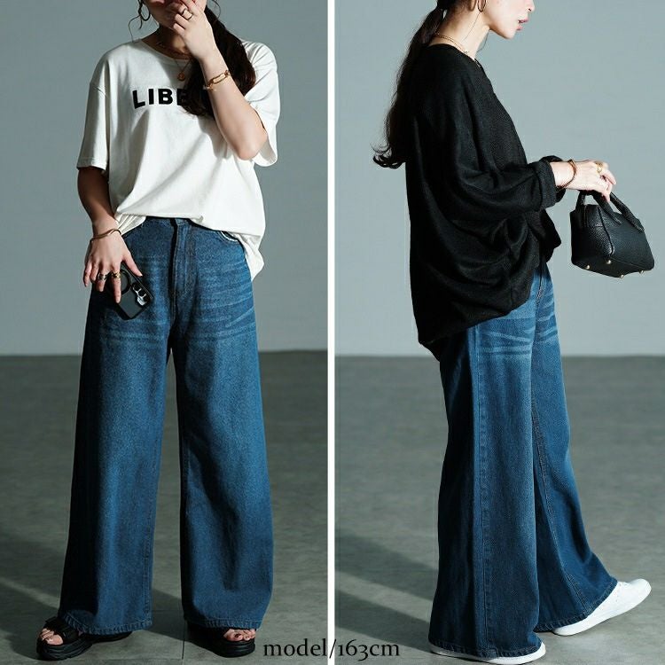 大きいサイズ レディース ヴィンテージ加工コットンデニムワイドパンツ　wd-0426