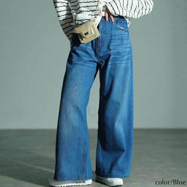 大きいサイズ レディース ヴィンテージ加工コットンデニムワイドパンツ　wd-0426