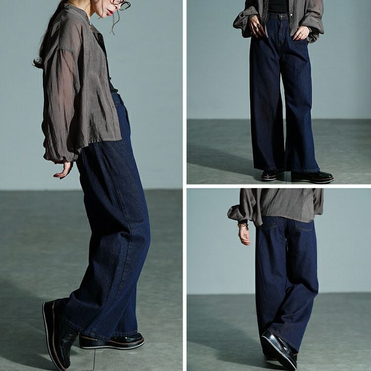 大きいサイズ レディース ヴィンテージ加工コットンデニムワイドパンツ　wd-0426