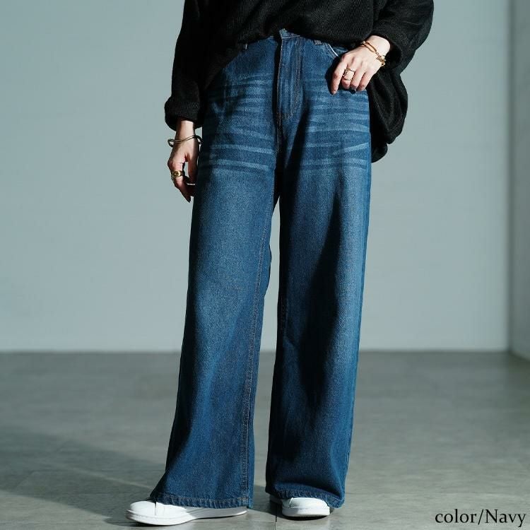 大きいサイズ レディース ヴィンテージ加工コットンデニムワイドパンツ　wd-0426 ネイビー