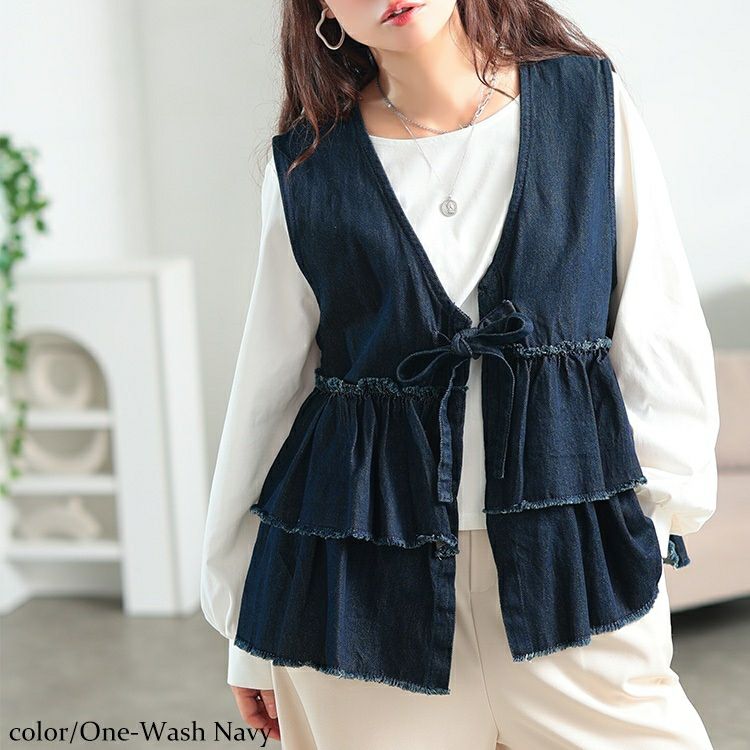 大きいサイズ レディース コットンデニムリボンティアードベスト　wd-0418