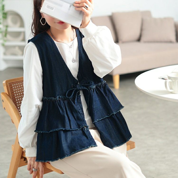 大きいサイズ レディース コットンデニムリボンティアードベスト　wd-0418