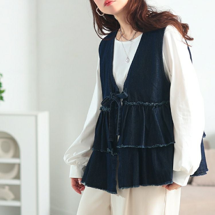 大きいサイズ レディース コットンデニムリボンティアードベスト　wd-0418