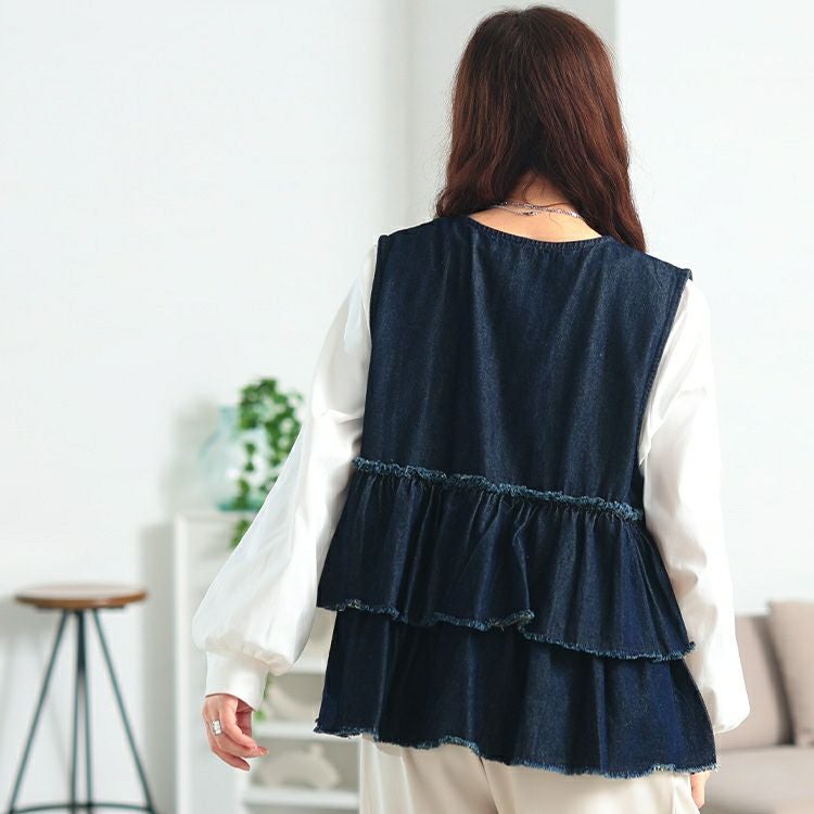 大きいサイズ レディース コットンデニムリボンティアードベスト　wd-0418