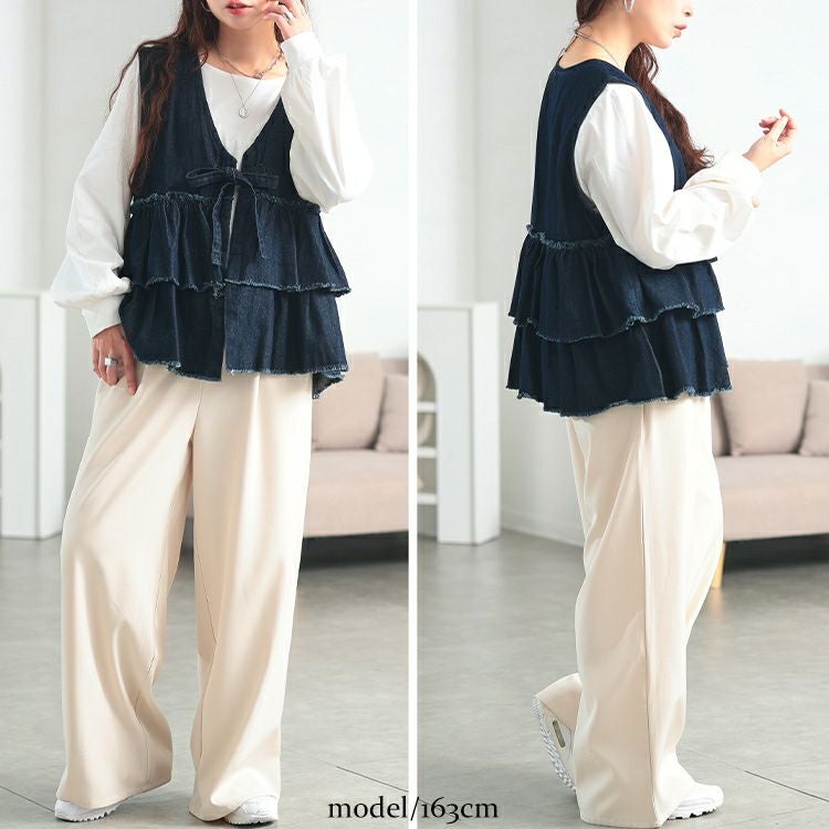 大きいサイズ レディース コットンデニムリボンティアードベスト　wd-0418