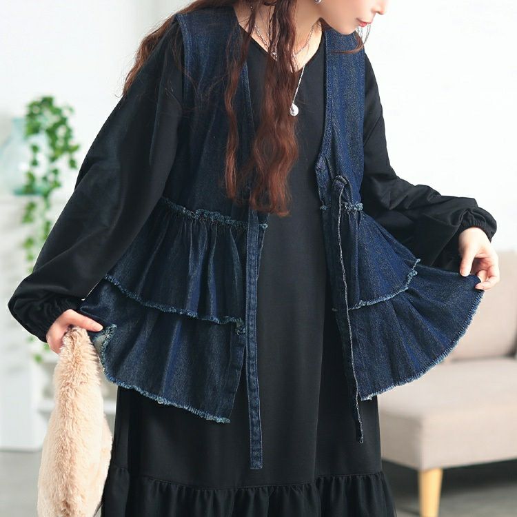 大きいサイズ レディース コットンデニムリボンティアードベスト　wd-0418