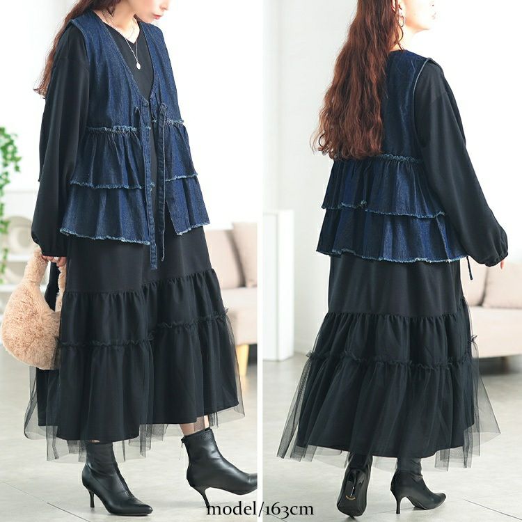 大きいサイズ レディース コットンデニムリボンティアードベスト　wd-0418