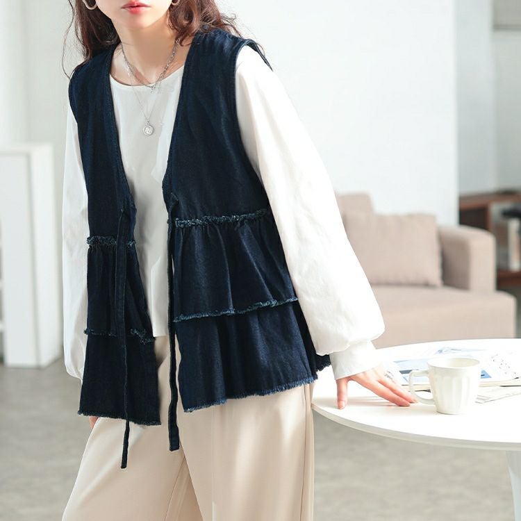 大きいサイズ レディース コットンデニムリボンティアードベスト　wd-0418