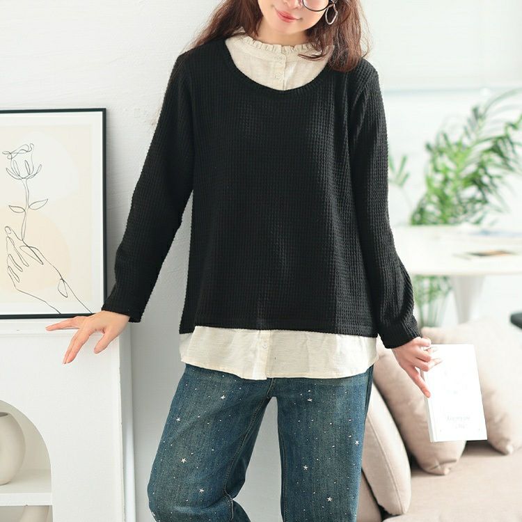 大きいサイズ レディース フリル襟フェイクレイヤードワッフルプルオーバー　cast-5558002