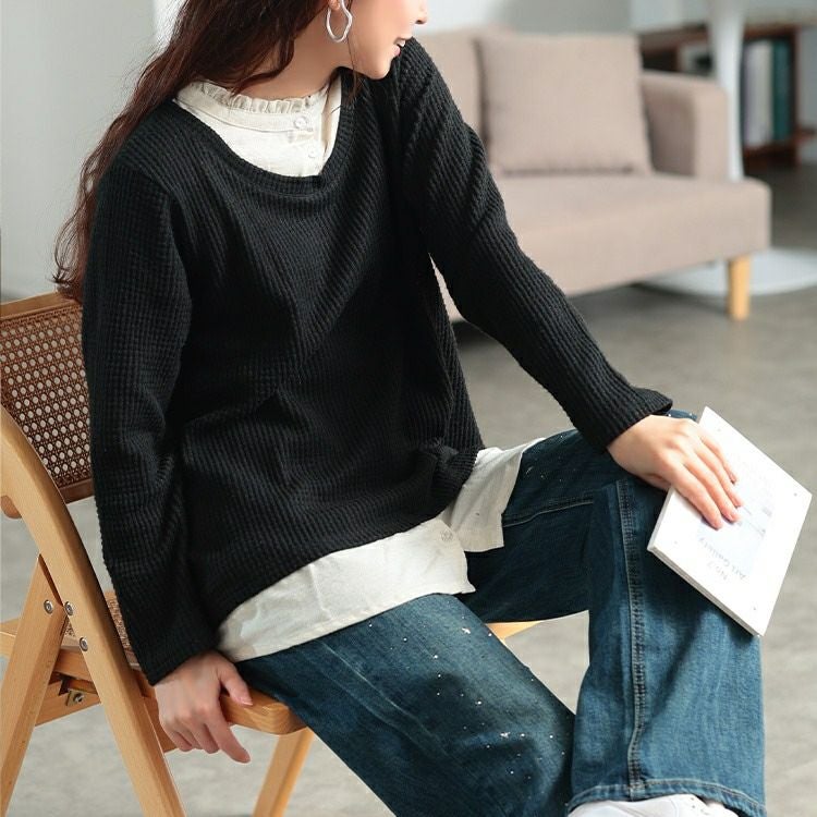 大きいサイズ レディース フリル襟フェイクレイヤードワッフルプルオーバー　cast-5558002