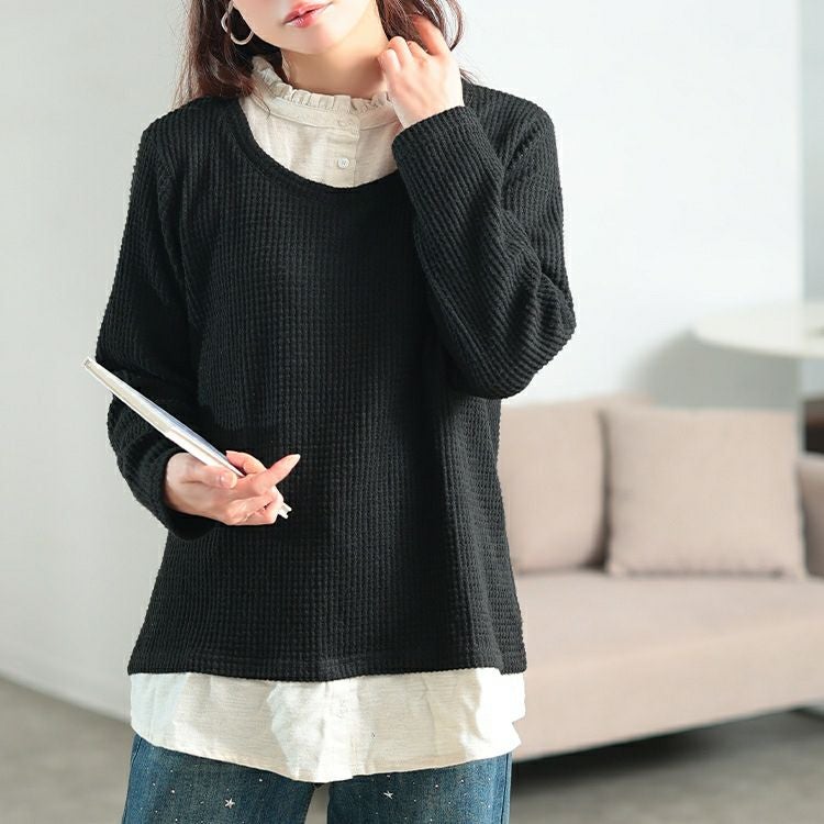 大きいサイズ レディース フリル襟フェイクレイヤードワッフルプルオーバー　cast-5558002