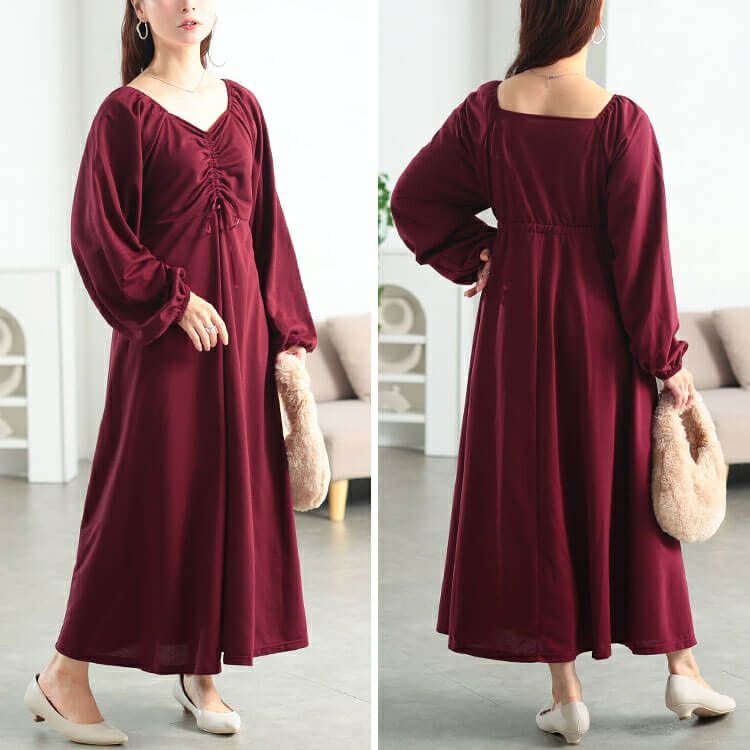 大きいサイズ レディース 胸元リボンドロストワンピース　fem-615