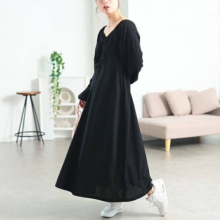 大きいサイズ レディース 胸元リボンドロストワンピース　fem-615