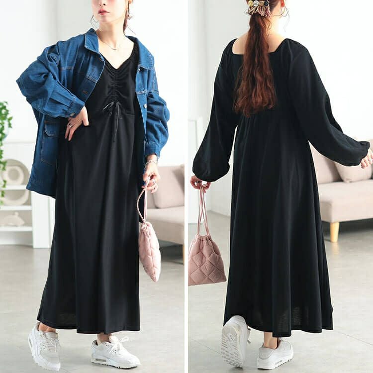 大きいサイズ レディース 胸元リボンドロストワンピース　fem-615