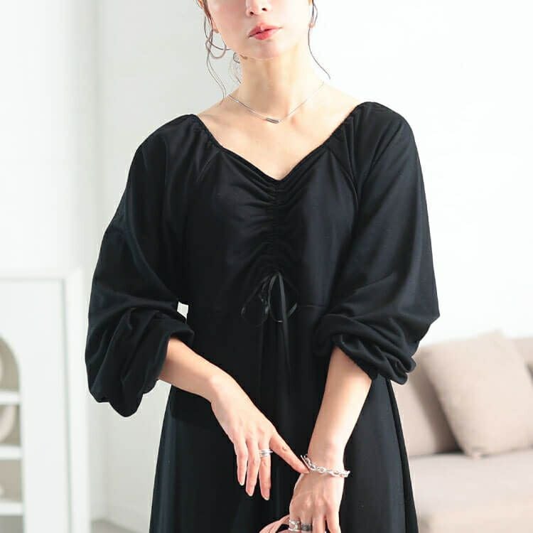 大きいサイズ レディース 胸元リボンドロストワンピース　fem-615