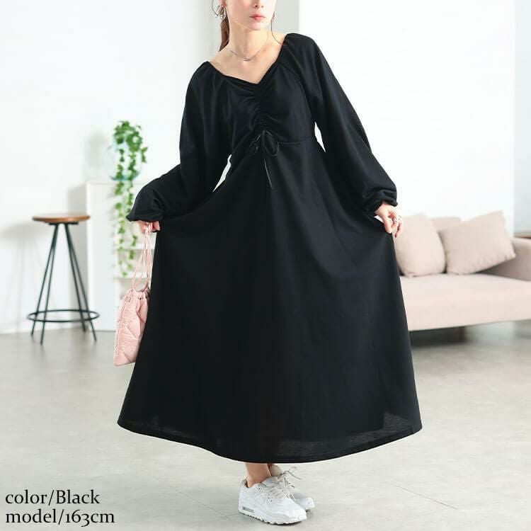 大きいサイズ レディース 胸元リボンドロストワンピース　fem-615 ブラック