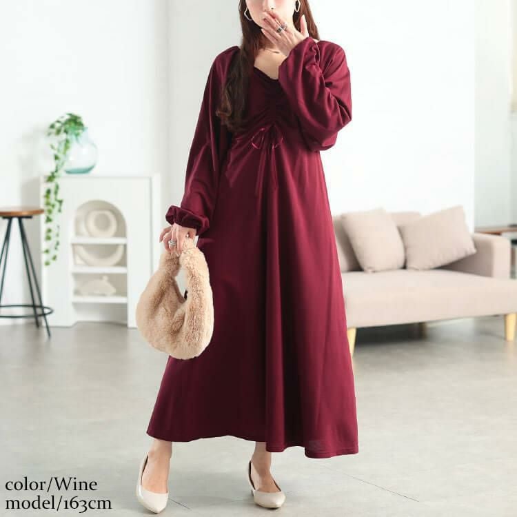大きいサイズ レディース 胸元リボンドロストワンピース　fem-615 ワイン