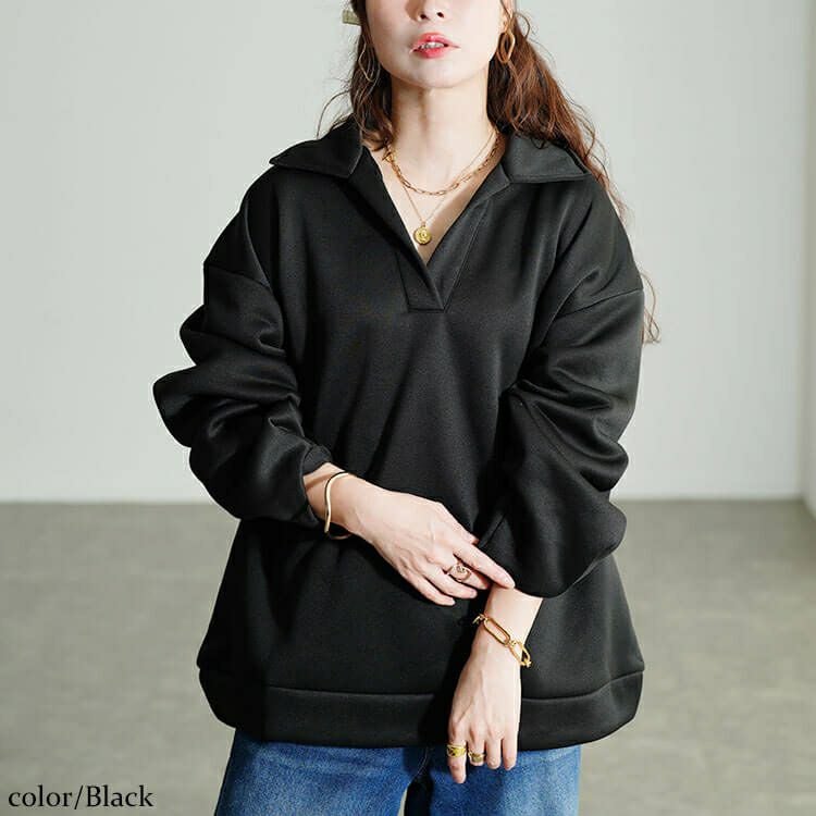 大きいサイズ レディース 裏起毛スキッパーカラープルオーバー　fem-614