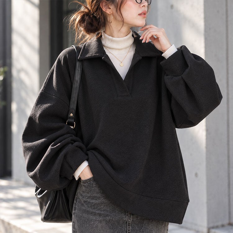 大きいサイズ レディース 裏起毛スキッパーカラープルオーバー　fem-614