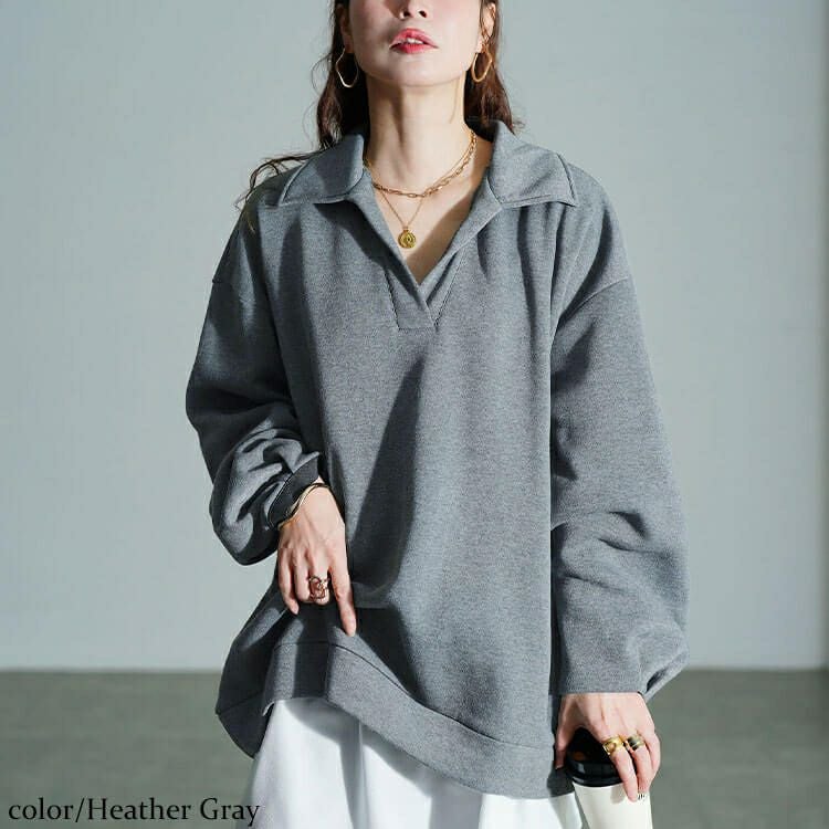 大きいサイズ レディース 裏起毛スキッパーカラープルオーバー　fem-614