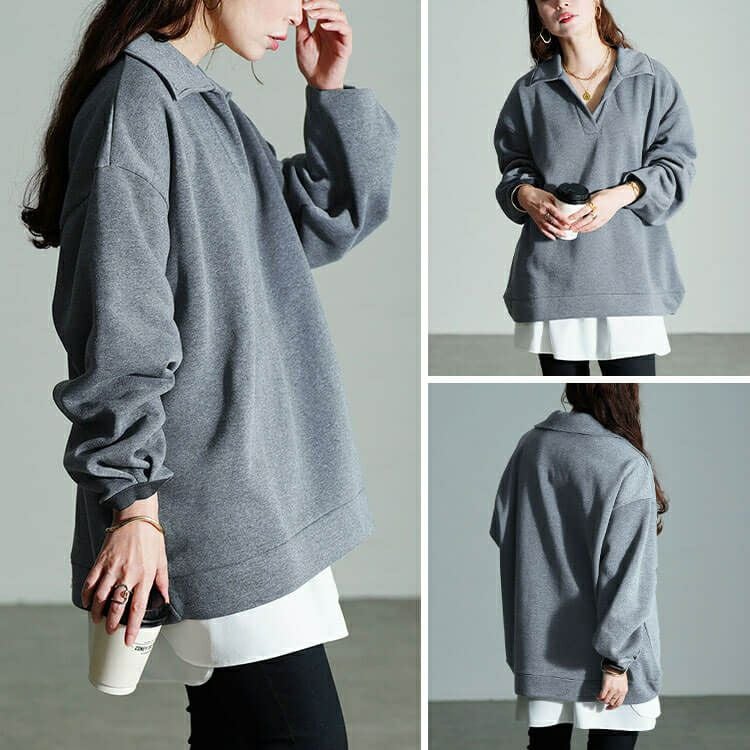 大きいサイズ レディース 裏起毛スキッパーカラープルオーバー　fem-614