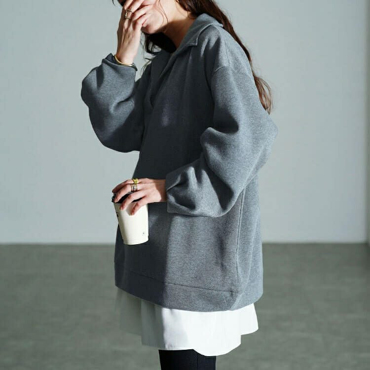 大きいサイズ レディース 裏起毛スキッパーカラープルオーバー　fem-614