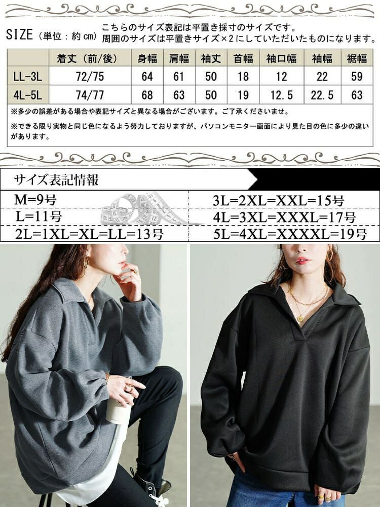 大きいサイズ レディース 裏起毛スキッパーカラープルオーバー　fem-614