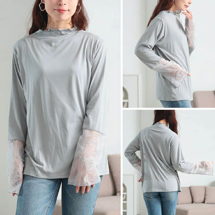 大きいサイズ レディース 花刺繍シアーフレアスリーブ切り替えメロートップス　fem-613 【メール便可】