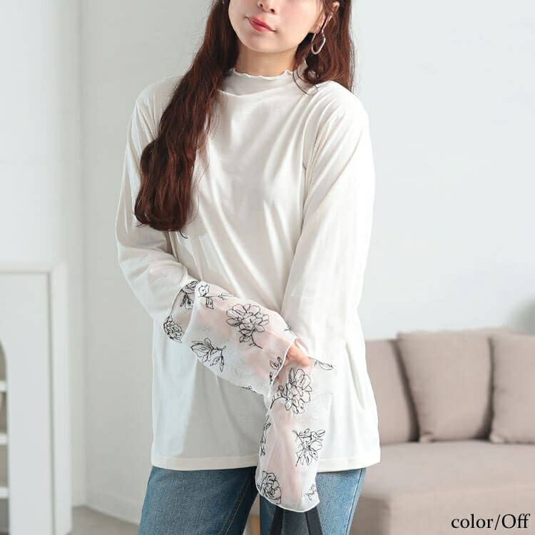 大きいサイズ レディース 花刺繍シアーフレアスリーブ切り替えメロートップス　fem-613 【メール便可】